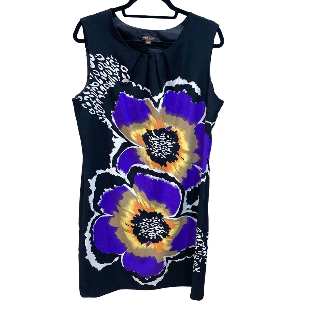 Voir Voir Women's Floral Pleated Neckline Crew Shift Sleeveless Dress Sz 12